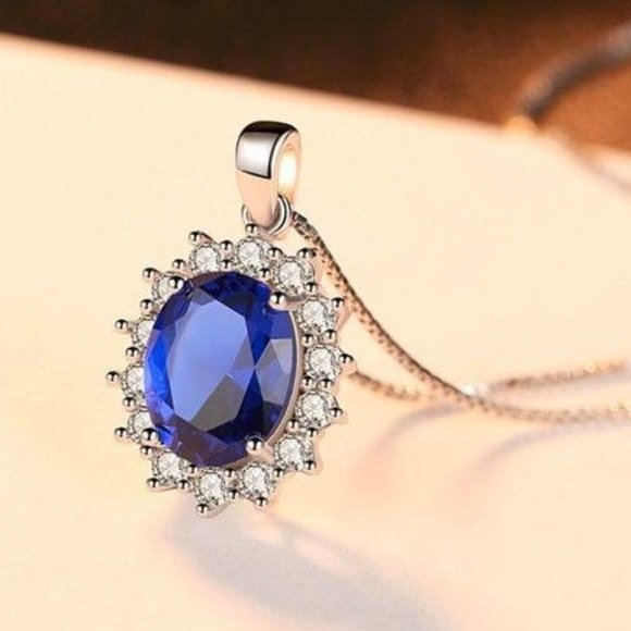 Luxurious Blue Sapphire Princess Diana Inspired Necklace in S925 Sterling Silver - Picture 1 of 5